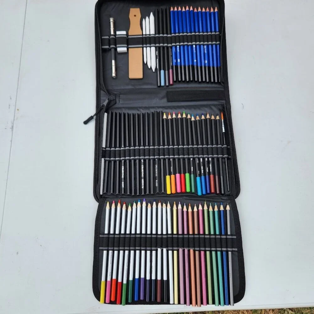 NEW 74 Piece Art Kit Supplies Watercolor Pencils Charcoal Travel Case Colored Pe